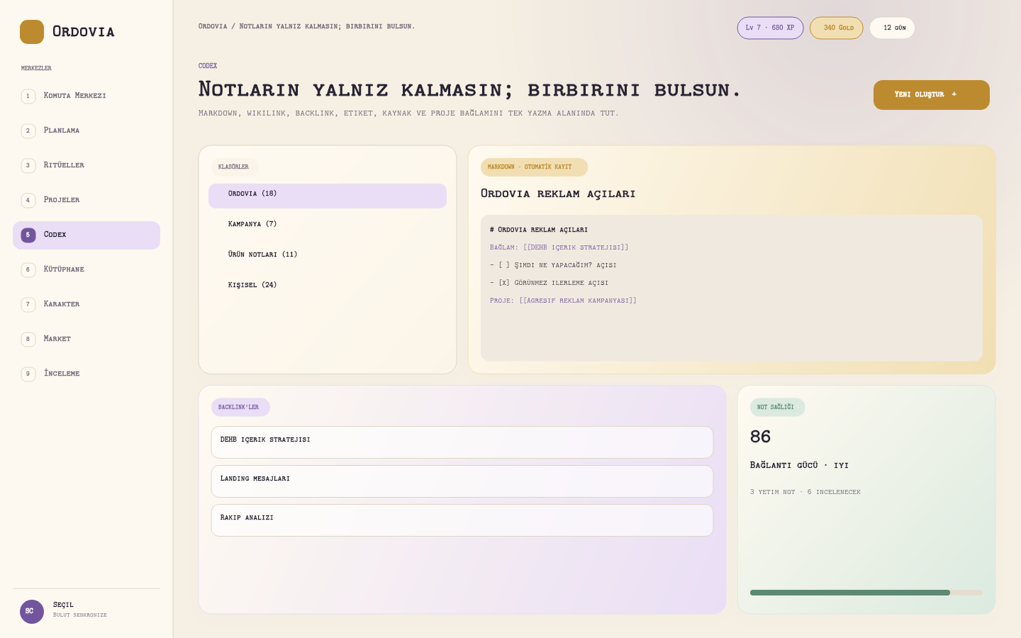 Ordovia Codex editöründe Markdown, wikilink ve backlink örnekleri